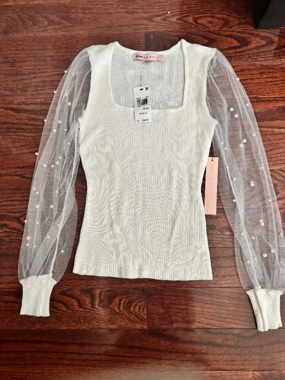 Crave Fame Pearl Sheer Sleeve Knit Top | NWT | Size Small | Ivory